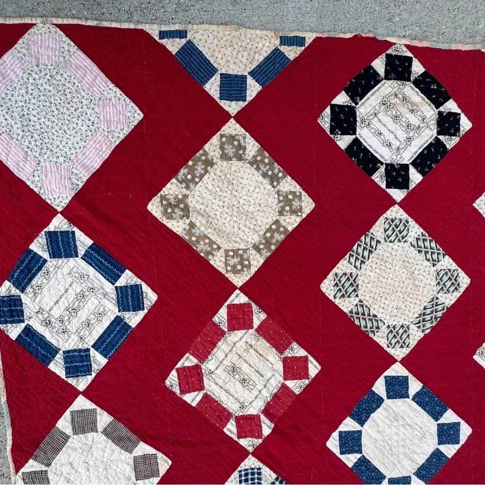 Antique 1880-1910, Reversible Quilt, Churn Dash & Tumbling Blocks. 74x78”. TVR